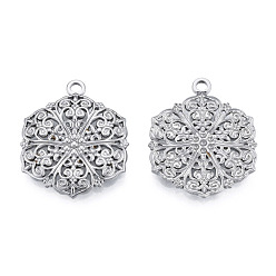 Stainless Steel Color 201 Stainless Steel Pendants, Hexagon with Flower, Stainless Steel Color, 28.5x23x2.5mm, Hole: 2mm