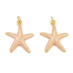 Pink Messing Emaille-Anhänger, Seestern Charms, langlebig überzogen, Gestell, cadmiumfrei und bleifrei, golden, rosa, 22x18x3 mm, Bohrung: 3.5 mm
