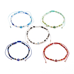 Mixed Color Adjustable Nylon Cord Braided Bead Bracelets, with Evil Eye Lampwork Beads, FGB Glass Seed Beads and Frosted Glass Beads, Mixed Color, Inner Diameter: 2-1/8~4-1/8 inch(5.3~10.3cm)