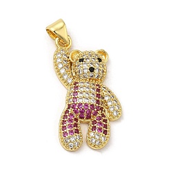 Medium Violet Red Brass Pendants, with Cubic Zirconia, Lead Free & Cadmium Free, Bear Charms, Real 18K Gold Plated, Medium Violet Red, 27.5x16x4.5mm, Hole: 5.3x3.2mm