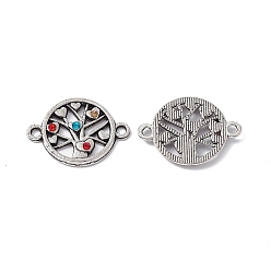 Antique Silver Tibetan Style Alloy Connector Charms, with Rhinestones, Flat Round with Heart Tree, Antique Silver, 16x22x2mm, Hole: 1.8mm