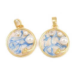 Deep Sky Blue Brass Enamel Pendants, with ABS Plastic Imitation Pearl, Flat Round Charms, Real 18K Gold Plated, Deep Sky Blue, 21.5x18.5x6.5mm, Hole: 4x3mm
