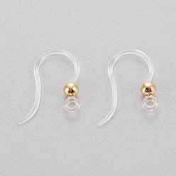 Real 18K Gold Plated Eco-Friendly Plastic Earring Hooks, with 304 Stainless Steel Beads and Horizontal Loop, Round, Real 18k Gold Plated, 15.5x8x0.7mm, Hole: 1.2mm, 24 Gauge, Pin: 0.5mm