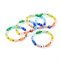 Mixed Color Cat Eye Stretch Bracelets, with Flat Round Handmade Lampwork Bead, Evil Eye, Mixed Color, 1/4 inch(0.8cm), Inner Diameter: 2 inch(5.1cm)