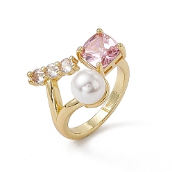 Pearl Pink Rack Plating Brass Cubic Zirconia Cuff Rings for Women, Square Long-Lasting Plated Open Ring, with Plastic Imitation Pearl, Lead Free & Cadmium Free, Real 18K Gold Plated, Pearl Pink, 2.7~18.5mm, Inner Diameter: US Size 6 1/4(16.8mm), Square: 7x7.5mm, Rectangle: 10.5x3.5mm, Plastic Pearl: 7mm