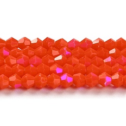 Orange Red Opaque Solid Color Imitation Jade Glass Beads Strands, AB Color Plated, Faceted, Bicone, Orange Red, 4x4mm, Hole: 0.8mm, about 87~98pcs/strand, 12.76~14.61 inch(32.4~37.1cm)