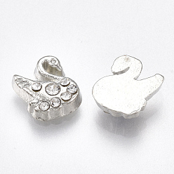 Platinum Alloy Cabochons, Fit Floating Locket Charms, with Rhinestone, Swan, Crystal, Platinum, 8x6.5x2.5mm