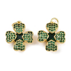 Зеленый Латунные микро проложить кубического циркония подвески, клевер, со стеклом и прыжковым кольцом, долговечный, без кадмия и без свинца, реальный 18 k позолоченный, зелёные, 18x16x6 мм, отверстие : 3 мм