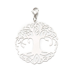 Stainless Steel Color Flat Round with Tree of Life 201 Stainless Steel Filigree Pendant Decorations, with 304 Stainless Steel Lobster Claw Clasps & Open Jump Rings, Stainless Steel Color, 57mm