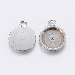 Stainless Steel Color 201 Stainless Steel Pendant Cabochon Settings, Flat Round, Stainless Steel Color, Tray: 12mm, 18x14x2mm, Hole: 2.5mm