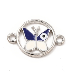 Platinum Alloy Enamel Connector Charms, Flat Round Links with Evil Eye Butterfly, Midnight Blue, Nickel, Platinum, 21.5x15x2mm, Hole: 2mm