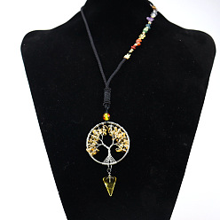 Citrine Chakra Themed Natural Citrine Chips Beaded Tree of Life Pendant Necklaces, Platinum Brass Wire Wrap Necklace with Mixed Stone Chips, 25.98 inch(66cm)