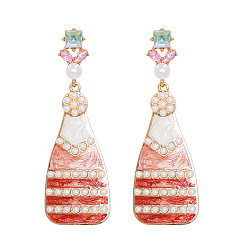 Red Champagne-Colored Oil-Coated Earrings with Sparkling Diamonds and Pearls