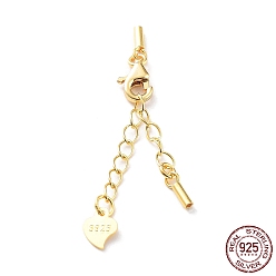 Golden 925 Sterling Silver Curb Chain Extender, End Chains with Lobster Claw Clasps and Cord Ends, Heart Chain Tabs, with S925 Stamp, Golden, 21.5mm