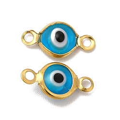 Deep Sky Blue Ion Plating(IP) 304 Stainless Steel Connector Charms, Flat Round Links with Evil Eye Pattern, with Glass Enamel, Real 18K Gold Plated, Deep Sky Blue, 13x6.5x2.5mm, Hole: 1.5mm