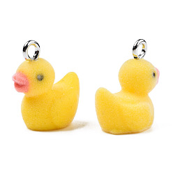 Gold Flocky Resin Pendants, with Platinum Plated Iron Loops, Duck, Gold, 20x18x20mm, Hole: 2.5mm