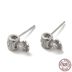 Real Platinum Plated Rhodium Plated Barrel 925 Sterling Silver Micro Pave Cubic Zirconia Stud Earring Findings, for Half Drilled Beads, with S925 Stamp, Real Platinum Plated, 8.5x4.5mm, Pin: 0.8mm and 11x0.7mm
