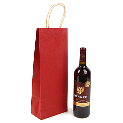 Dark Red Rectangle Solid Color Kraft Paper Gift Bags, with Hemp Rope Handles, for Single Wine Packaging Bag, Dark Red, 8x15x38cm