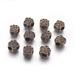 Red Copper Tibetan Style European Beads, Cadmium Free & Nickel Free & Lead Free, Paw Print, Red Copper, 11x11x8mm, Hole: 5mm