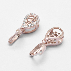 Rose Gold 925 Sterling Silver Pendant Bails, Ice Pick & Pinch Bails, with Cubic Zirconia, teardrop, Rose Gold, 8x5.5x4mm, Hole: 2x4mm and 1mm, Pin: 0.5mm