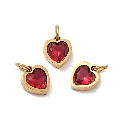 Crimson Vacuum Plating 304 Stainless Steel Pendants, with Cubic Zirconia and Jump Rings, Single Stone Charms, Heart, Golden, Crimson, 9x8x3mm, Hole: 3.6mm