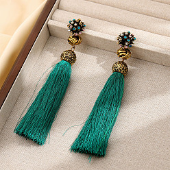 Морско-зеленый Сплав мотаться серьги стержня, со стразами, стиль с кисточками, золотые, цвета морской волны, 135x23 мм