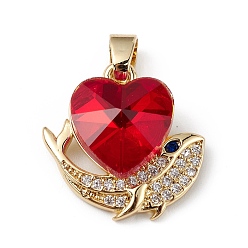 Red Real 18K Gold Plated Rack Plating Brass Micro Pave Cubic Zirconia Pendants, with Glass, Long-Lasting Plated, Cadmium Free & Lead Free, Heart & Whale, Red, 19x19x8mm, Hole: 5x3mm