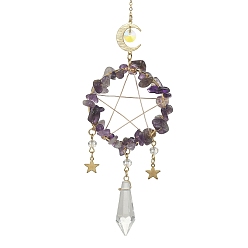 Amethyst Wire Wrapped Natural Amethyst Chips & Brass Ring Pendant Decoration, with Glass Cone Charm, for Home Hanging Decoration, Moon & Star, 310~312mm, Hole: 8mm