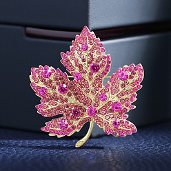 Fuchsia Rhinestone Maple Leaf Brooch Pin, Golden Alloy Badge for Backpack Clothes, Fuchsia, 50x48mm