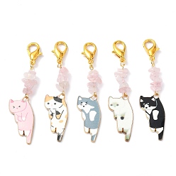 Mixed Color Cat Shapes Alloy Enamel Pendants Decorations, with Zinc Alloy Lobster Claw Clasps and Natural Rose Quartz Chips, Mixed Color, 65~67mm