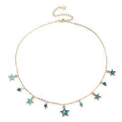 Medium Blue Natural Agate Round & Alloy Enamel Star Charms Bib Necklace with 304 Stainless Steel Chains, Medium Blue, 15.94 inch(40.5cm)