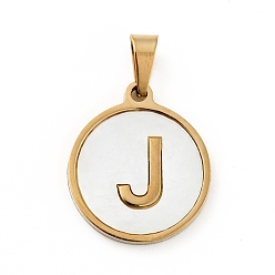 Letter J Vacuum Plating 304 Stainless Steel with White Shell Pendants, Golden, Flat Round with Letter Charm, Letter.J, 18x16x1.5mm, Hole: 3x6mm