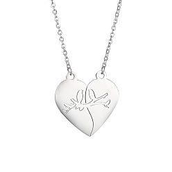 Bird Stainless Steel Heart Pendant Necklaces, Valentine's Day Necklace Gift for Men Women, Bird Pattern, 17-3/4 inch(45cm)