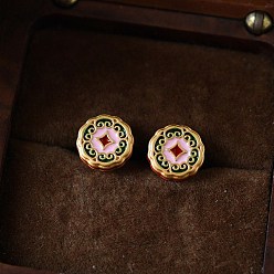 Pink Серьги-гвоздики из латуни и эмали для женщин, плоские круглые с ромбами, розовые, 9 мм