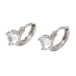 Real Platinum Plated Brass Micro Pave Cubic Zirconia Hoop Earrings, Round, Real Platinum Plated, 10.5x6.5x14mm