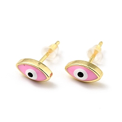 Ярко-Розовый Серьги-гвоздики с эмалевым конским глазом, позолоченные латунные украшения для женщин, без кадмия и без свинца, ярко-розовый, 5x9.5 мм, штифты : 0.7 мм
