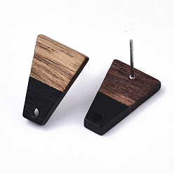 Black Resin & Walnut Wood Stud Earring Findings, with 304 Stainless Steel Pin, Trapezoid, Black, 18x12.5mm, Hole: 1.8mm, Pin: 0.7mm