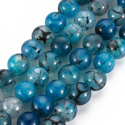 Steel Blue Natural Dragon Veins Agate Beads Strands, Dyed, Round, Steel Blue, 8mm, Hole: 1mm, about 48pcs/strand, 14.96 inch