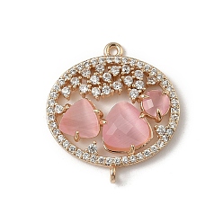 Pink Подвески-коннекторы из латуни с микропаве из прозрачного кубического циркония и стекла в форме овала, реальный 18 k позолоченный, стойки покрытие, долговечный, без кадмия и без свинца, розовые, 25x22.5x4 мм, отверстие : 1.4 мм