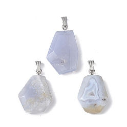 Blue Lace Agate Natural Blue Lace Agate Pendants, Faceted Polygon Charms, with Stainless Steel Color Plated 201 Stainless Steel Snap on Bails, 21~29x16~23x6~8mm, Hole: 2x7mm