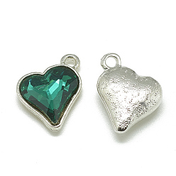 Sea Green Alloy Glass Pendants, Faceted, Heart, Platinum, Sea Green, 17x15x5mm, Hole: 1.5mm