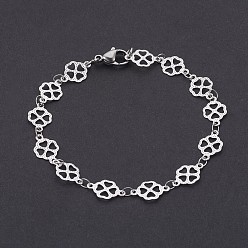 Stainless Steel Color 304 Stainless Steel Chain Bracelets, with Lobster Claw Clasps, Clover, Stainless Steel Color, 7-3/4 inch(19.6cm)