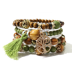 dark green Bohemian Style Multilayer Wood Bead Bracelet Elastic Cord Jewelry Hand Ornament.