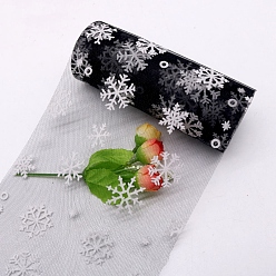 Black 10 Yards Christmas Polyester Deco Mesh Ribbon, Printed Snowflake Tulle Fabric, for Bowknot Making, Black, 150mm