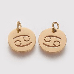 Cancer 304 Stainless Steel Charms, Flat Round with Constellation/Zodiac Sign, Golden, Cancer, 12x1mm, Hole: 3mm