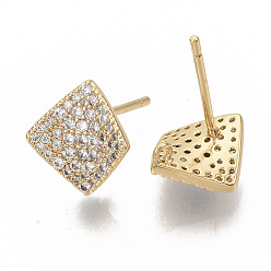Real 18K Gold Plated Brass Micro Pave Clear Cubic Zirconia Stud Earring Findings, with Loop, Nickel Free, Real 18K Gold Plated, Rhombus, 11x10.5mm, Hole: 1mm, Pin: 0.9mm