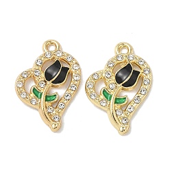 Черный Подвески из сплава эмали и стразов, золотой свет, без кадмия, без никеля и без свинца, сердце с цветочным шармом, чёрные, 23x15x3 мм, отверстие : 1.6 мм
