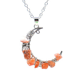 Carnelian Natural Carnelian Chips Crescent Moon Pendant Necklace, with Alloy Chains, 20.87 inch(53cm)