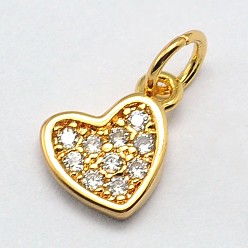 Golden Heart Brass Micro Pave Cubic Zirconia Charms, Cadmium Free & Nickel Free & Lead Free, Golden, 8x6x1mm, Hole: 2mm