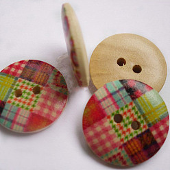 Colorful Check Buttons, Wooden Buttons, Colorful, about 20mm in diameter, hole: 1.5mm, 100pcs/bag